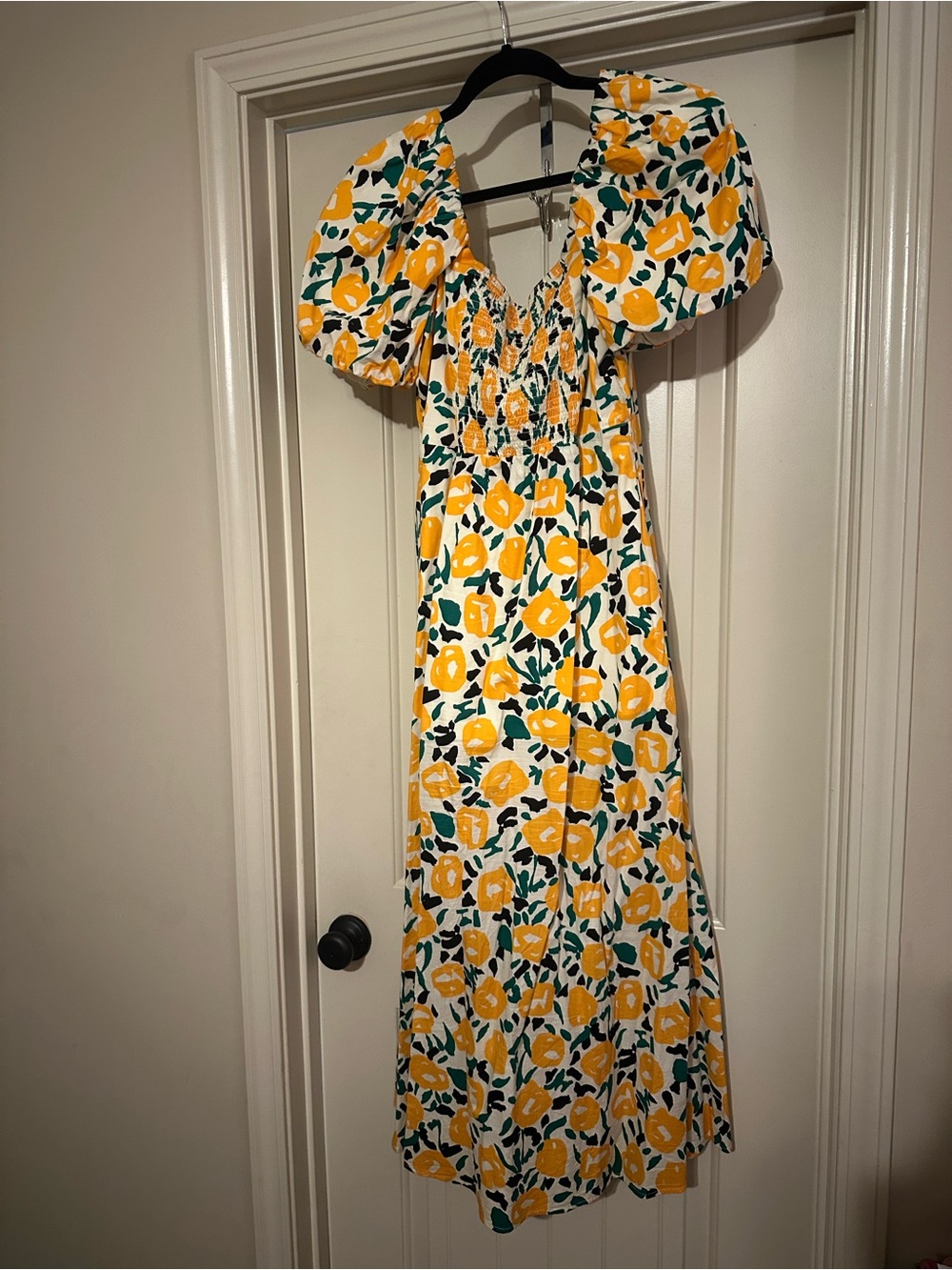Yellow Floral Puff-Sleeve Maxi Dress
